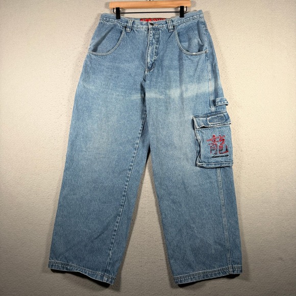 B.1. Soul Other - B One Soul Vintage‎ Baggy Cargo Jeans Light Wash Embroidered Dragon 36x32 Mens